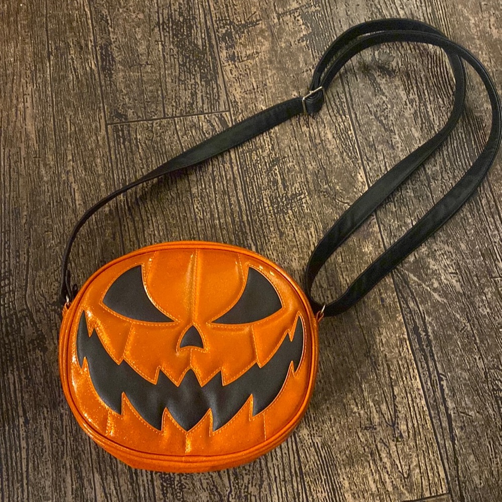 LOVE PAIN AND STITCHES ORANGE PUMPKIN KULT ORANGE GLITTER DOUBLE FACE BAG NEW